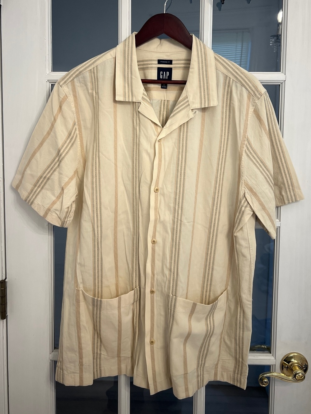 GAP Men's Beige Striped Linen Cotton Short Sleeve Button Down Resort Shirt
